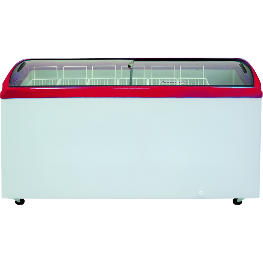 Ларь морозильный с гнутым стеклом CRYSPI ЛВН 600 Г (CF 600CQ) красный 7 корзин